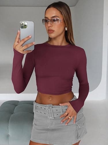 Trendy Queen Womens Long Sleeve Crop Tops Basic Slim Fitted Shirts Fashion 2025 Going Out Y2k Tops Teen Girl Clothes thumbnail 3