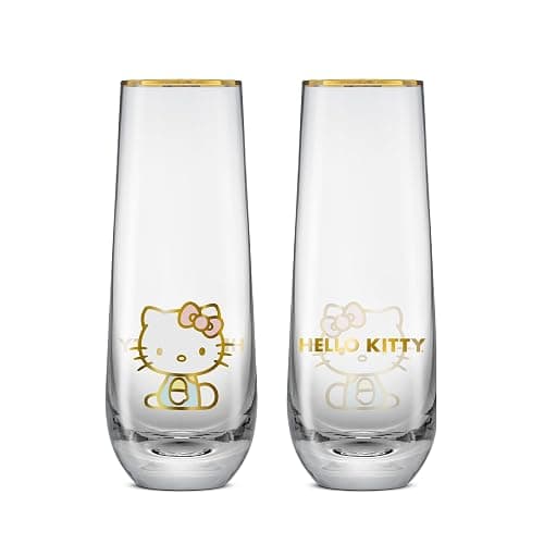 JoyJolt Hello Kitty Stay Gold Stemless Flutes, 9.4oz Drinking Glasses Set of 4, Sanrio Highball Glasses, Kawaii Hello Kitty Kitchen Glass Set Ideal for Water Juice Smoothies, Skinny Tall Glasses thumbnail 4