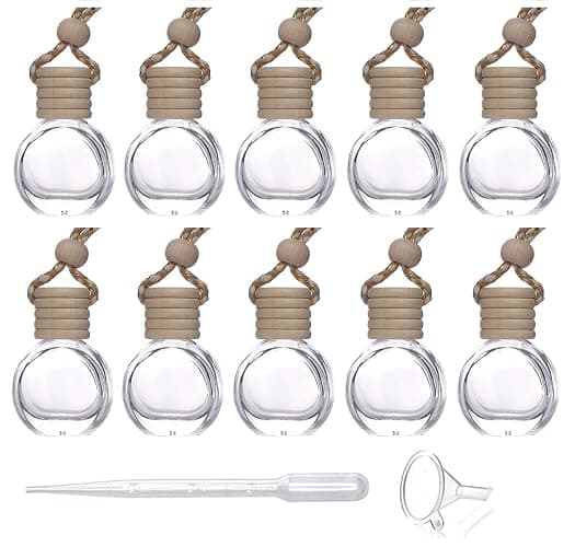 USRommaner 10 Pcs 8ml Hanging Essential Oil Diffuser,Empty Clear Glass Oblate Car Air Freshener Perfume Aromatherapy Pendant Bottle Vials With Wooden Caps & Hanging String-FREE 1 Funnel&Dropper - Image 1