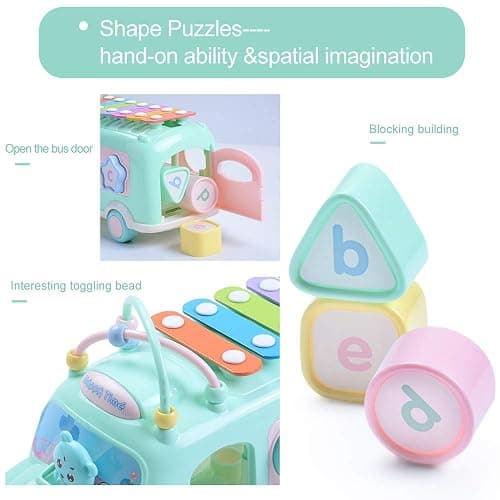 Baby School Bus Xylophone Toy for Toddlers 1-3, 5-in-1 Montessori Musical Bus Toys Gifts for 1 Year Old Baby Girl, Shape Sort Toys Knocking Xylophone Educational Instruments Birthday Gift Boy Girl thumbnail 8