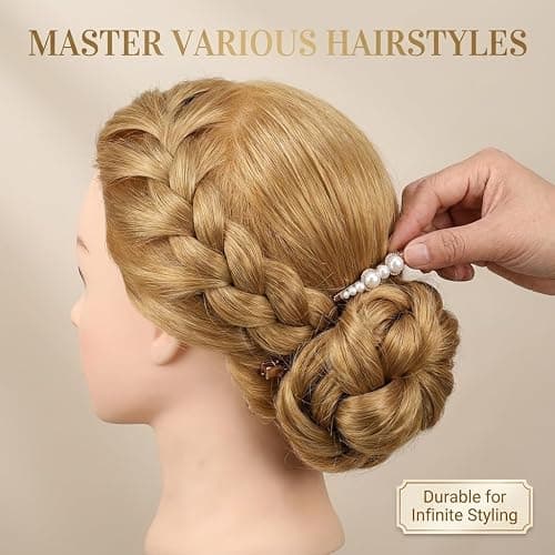 100% Real Hair Mannequin Head Training Head Manikin Cosmetology Doll Head for Hairdresser Practice Braiding Hair Styling with Clamp stand (26-28inch) thumbnail 6