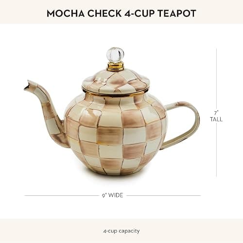 MACKENZIE-CHILDS Enamel Teapot, Cute Small Teapot with Lid, 4-Cup Capacity, Brown-and-White Mocha Check thumbnail 3