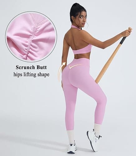 OMKAGI 2 Piece Workout Sets for Women Halter Sports Bras Gym Sets Booty Leggings Outfits thumbnail 4