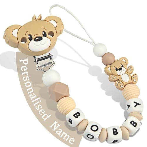 Yolnkos Attache Sucette Nom Personnalisé Prenom Teddy Ours Tetine Clips Chaîne pour Bébé Filles Garçons(Brun) - Image 1