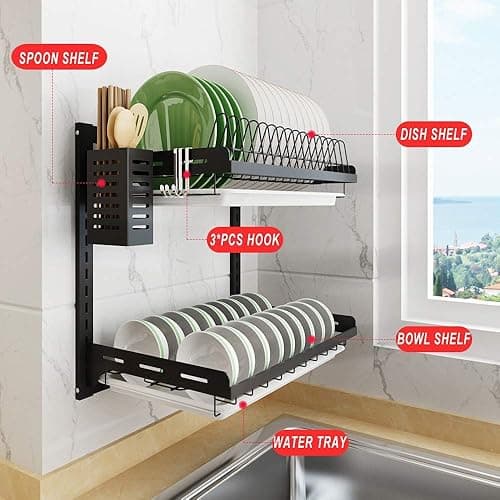 junyuan Kitchen Dish Rack,Hanging Dish Drying Rack Organizer Storage Shelf Over Sink,2 Tier Wall Mount Bowl Holder with Drain Tray and Silverware Stainless Steel Black Coating Ajustable Height thumbnail 4