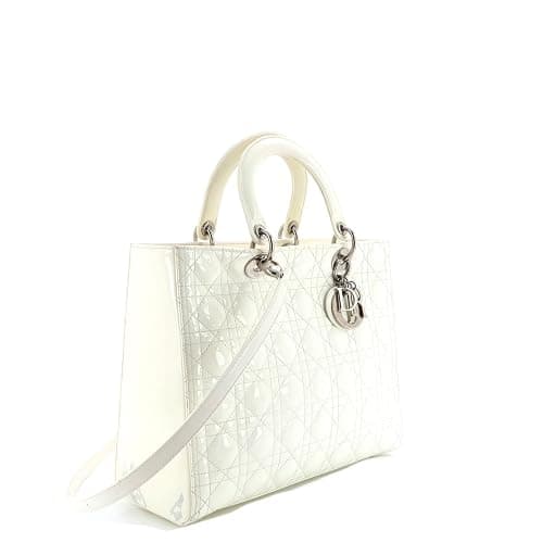 Dior, Pre-Loved Lady Dior Bag Cannage Quilt Patent Large, White thumbnail 2
