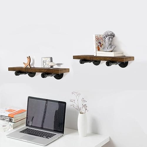 Home TZH Wall Mounted Floating Shelves, Floating Shelves with Industrial Pipe Brackets Set of 2 Rustic Wood Storage Shelf for Bedroom Living Room Bathroom Kitchen Office and More (2, Brown) thumbnail 2