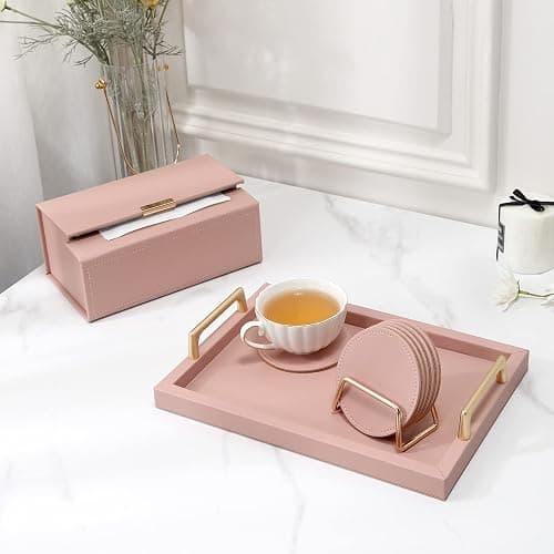 CASEGRACE Drink Coasters with Metal Holder Stand Set of 6, PU Leather Absorbent Coasters with Cork Base Table Coaster Set Decorative Coffee Cup Coasters Housewarming Gift for Home Decor thumbnail 7