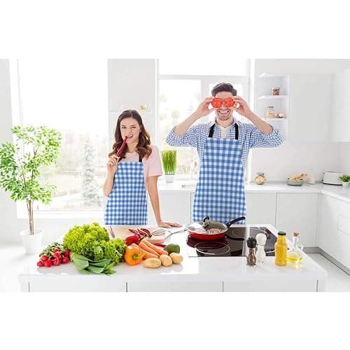 Beabes Light Blue Checkered Tartan Kitchen Apron Traditional Blue White Gingham Pattern Cooking Bib Apron for Chef Restaurant Home Cleaning Serving Painting 27" X 31" thumbnail 2