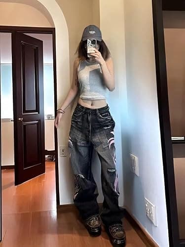 Xojbzoo Unisex Y2K Streetwear Baggy Jeans Retro Totem Print Goth Pants High Waisted Wide Leg Harajuku Hip-Hop Style thumbnail 5