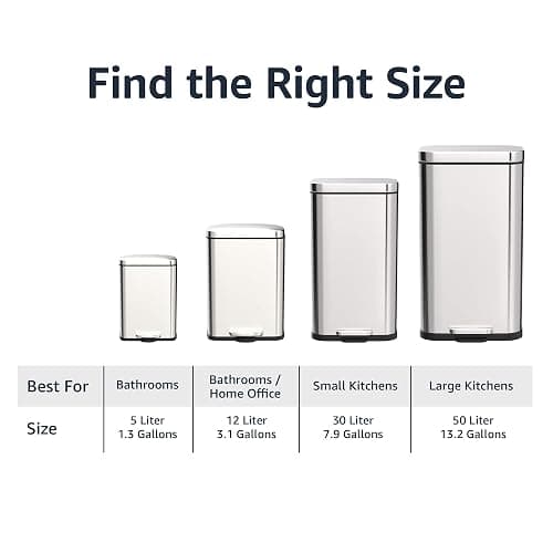 Amazon Basics Smudge Resistant Rectangular Trash Can With Soft-Close Foot Pedal, Brushed Stainless Steel, 30 litre/7.9 Gallon, Satin Nickel Finish, 13.8"L x 11.8"W x 25"H thumbnail 5