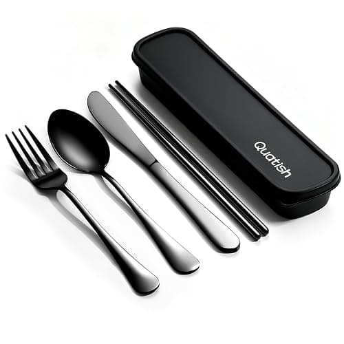 Travel Utensils with Case, Quatish 5 Piece Stainless Steel Silverware Set for Work, Portable Reusable Travel Cutlery Set, Fork and Spoon Set for Picnic, Camping, Gadgets, Lunch Box for Men, Black - Image 1
