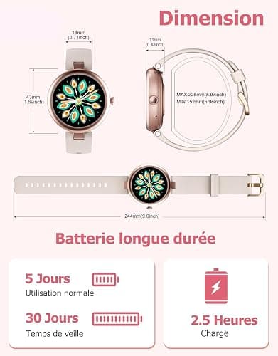 Montre Connectée Femme Ronde Petite Montre Podometre Smartwatch avec Appel Bluetooth Cardiofrequencemetre Oxymetre Chronometre pour Android iOS Montre Sport pour Running Course à Pied Etanche IP68 thumbnail 8