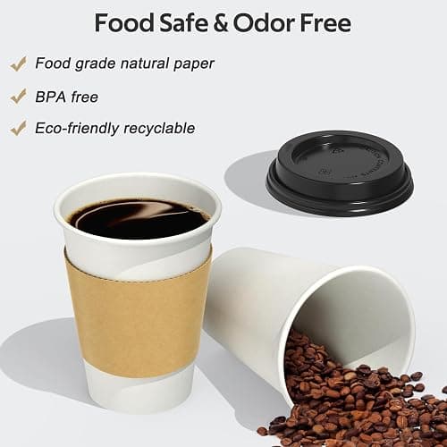 Dealusy 100 Pack 12 oz Disposable Coffee Cups with Lids and Sleeves, Sturdy Thick Paper & Leak-free Insulated to Go Paper Hot Coffee Cups with Sip Lids for Hot & Cold Beverage | with Lids, and Sleeves, Sturdy, Leak-free, Insulated, to Go Coffee Cups thumbnail 6