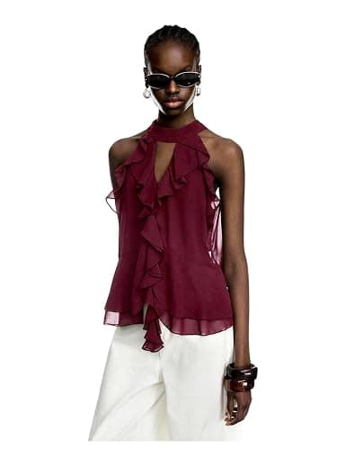 RoseSeek Women's Flowy Going Out Halter Tops Ruffle Mesh Tops Cut Out Sleeveless Tie Neck Tank Top Summer Outfit thumbnail 6