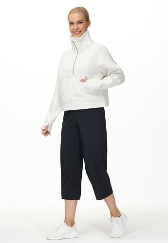 THE GYM PEOPLE Womens' Half Zip Pullover Fleece Stand Collar Crop Sweatshirt with Pockets Thumb Hole thumbnail 6