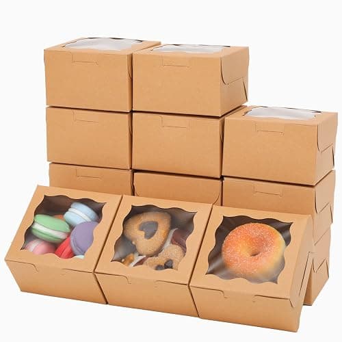 Bakepacker Kraft Bakery Boxes with Window - 4x4x2.5 inches Small Size Pastry & Mini Cookie Boxes for Bakeries - Thick & Sturdy (100 Packs) thumbnail 3
