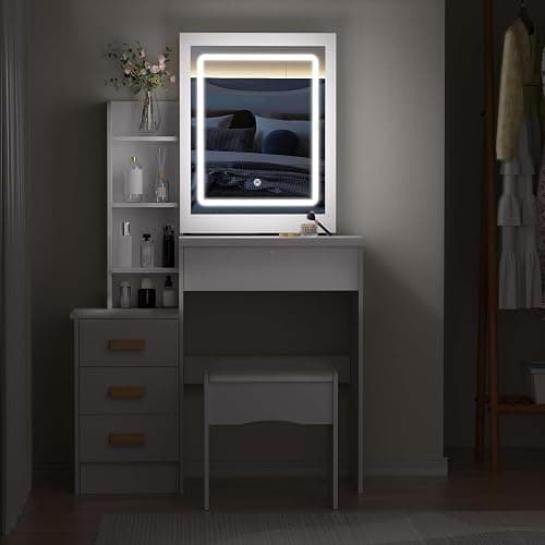 Make Up Vanity Desk with Mirror and Lights,White Vantity Set with 4 Drawers and Hidden Shelves,Girls Dressing Table with Lights and Stool,Small Vanity with Sliding Mirror for Bedroom Dressing Room thumbnail 8