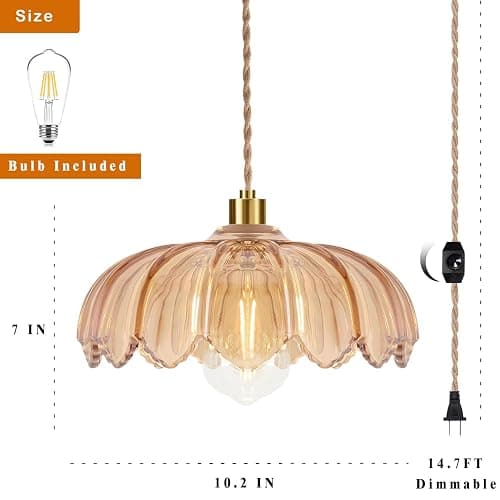 QIYIZM Plug in Pendant Light Hanging Lights with in Cord Mid Century Modern Gold Hanging Lamp Flower Glass Amber Vintage Dimmable Chandelier Ceiling Fixture for Living Room,Kitchen,Boho thumbnail 5