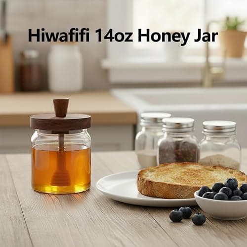 hiwafifi Glass Honey Jar with Dipper and Lid, 14 OZ Airtight Honeypot with Acacia Wood Lid, Coffee Syrup Dispenser, Round Honey Storage Container, Kitchen Dining Gifts for Her Bar Accessories thumbnail 2