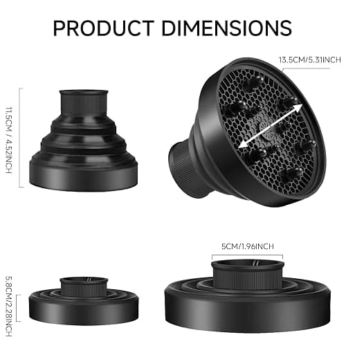 Diffuser Attachment for Hair Dryer, Collapsible Hair Diffuser, Universal Silicone Diffuser for Curly Hair 1.57-1.97" Hair Blow Dryer Long Thick Curly Wavy Hair, Hair Attchment for Women, Black thumbnail 2