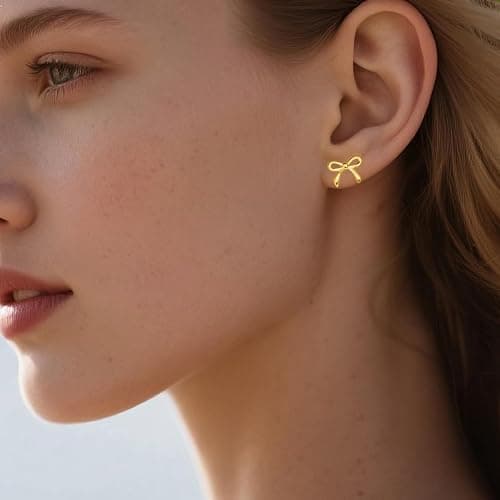 SLUYNZ Solid 925 Sterling Silver Tiny Bow Earrings Stud for Women Teens Small Bowknot post Stud Earrings - B-Gold Plated thumbnail 2