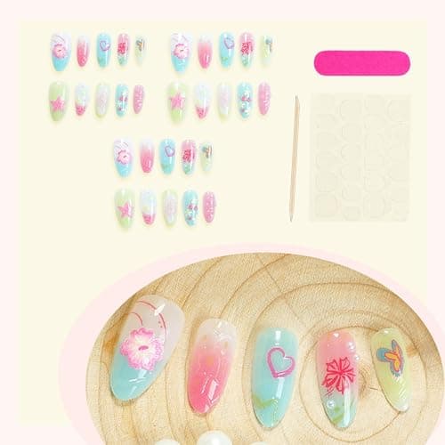 30pcs Summer Press on Nails Medium Almond Fake Nails with 3D Flower Starfish Designs Summer Beach False Nails Pearl Glue on Nails Handmade Full Cover Acrylic Nails Stick on Nails for Women thumbnail 8