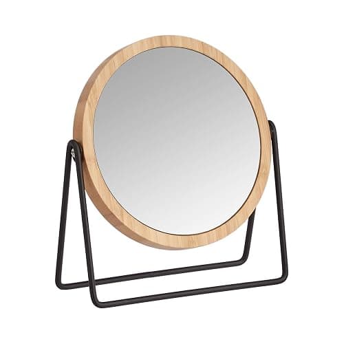 Amazon Basics Vanity Round Tabletop Mirror with Bamboo Rim, Double Sided Magnifying, 360° Rotation, Black, 7.2"L x 2.87"W - Image 1