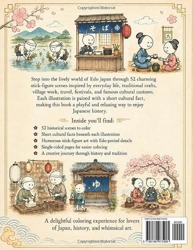 Daily Life in Edo Japan: A Coloring Journey Through History and Tradition. A Humorous Stick-Figure Coloring Book for Adults and Teens with 52 Historical Scenes and Cultural Facts thumbnail 2
