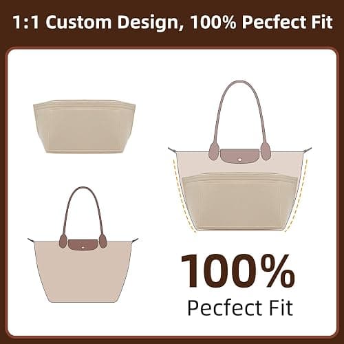 Doxo Felt Purse Organizer Insert for Longchamp Le Pliage Large Bag, Beige | Anti-Pilling Felt Longchamp Organizer Insert, 8 Pockets, Cup Holder, YKK Zipper, Protects Interior, Lightweight Tote Insert thumbnail 5