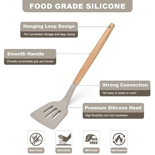 FIOUSY Kitchen Utensil Set, 12 PCS Silicone Cooking Utensils Set with Wooden Handle, Heat Resistant, Nonstick Cookware Tongs Spatula Spoon Set, Dishwasher Safe, Best Kitchen Tools (Khaki) thumbnail 3