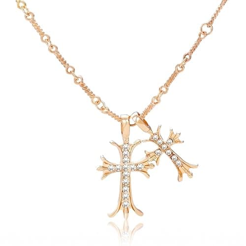 Tikaiui Cross Necklace 14K Gold Plated Double Cross Pendant Necklace Dainty Diamond Cross Charm Link Chain Choker Delicate Faith Jewelry Religious Gifts for Women or Friends - Image 1