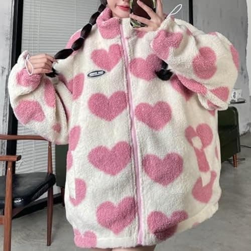 Sumleno Women's Fleece Sherpa Jackets Reversible Kawaii Heart Print Fuzzy Zip Up Cutecore Coats Aesthetic Y2k Gyaru Clothes thumbnail 3