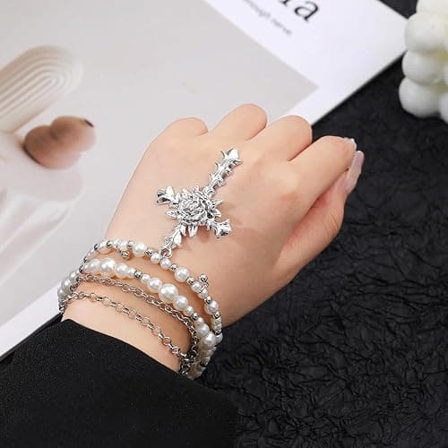 KURTCB Layered Pearl Cross Jewelry Set Statement Chunky Y2k Gothic Pearl Necklace and Earrings Bracelet for Women thumbnail 7