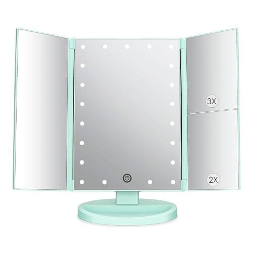 deweisn Tri-Fold Lighted Vanity Tabletop Mount Mirror with 21 LED Lights, Touch Screen and 3X/2X/1X Magnification, Two Power Supply Mode Make up Mirror,Travel Mirror - Image 1