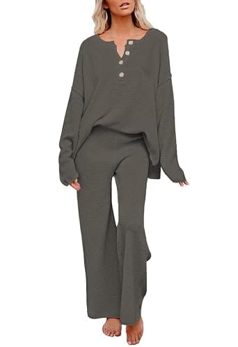 Viottiset Women's 2 Piece Outfits Sweatsuit Knit Long Sleeve Sweater Wide Leg Pants Loungewear - Image 1