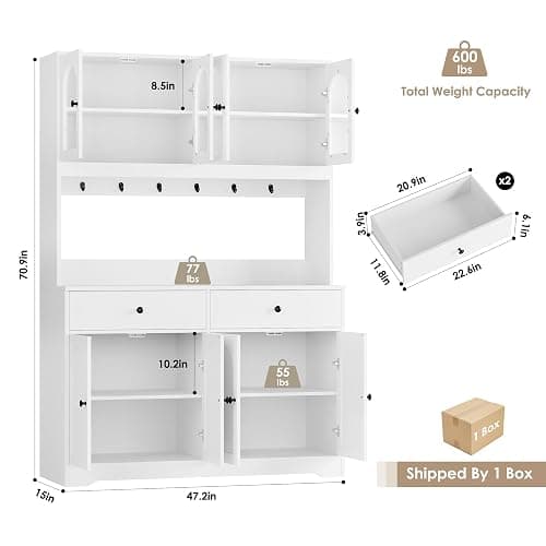 HIFIT 71" LED Kitchen Pantry Cabinet with Power Outlet, Large Kitchen Hutch Storage Cabinet with Arched Door & Shelves & 2 Drawers, Tall Modern Coffee Bar with Hutch for Home Dining Living Room, White thumbnail 3