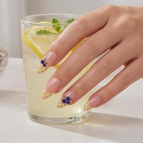 Slayoung Polka Dot Press on Nails Summer Fake Nails Medium Almond Nails Press ons with 3D Blueberry Designs Acrylic Reusable Yellow French Tips False Nails Full Cover Stick on Nails for Women 24 Pcs thumbnail 4