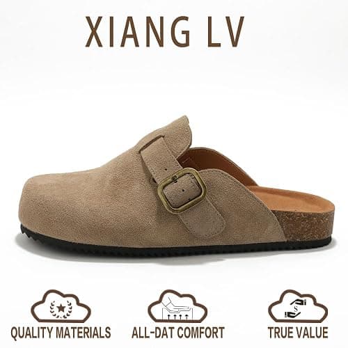 XIANGLV Women's Suede Clogs Leather Mules Comfort Cork Footbed Sandals Potato Shoes with Arch Support thumbnail 2