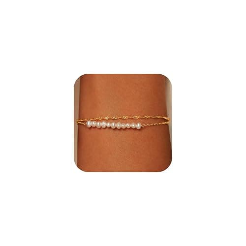 SLOONG Gold Bracelets for Women Trendy, 14K Real Gold Plated Dainty Stackable Pearl Snake Chain CZ Heart Pendant Bracelets, Layered Waterproof Jewelry Gift for Women Adjustable 6"+2" - Image 1
