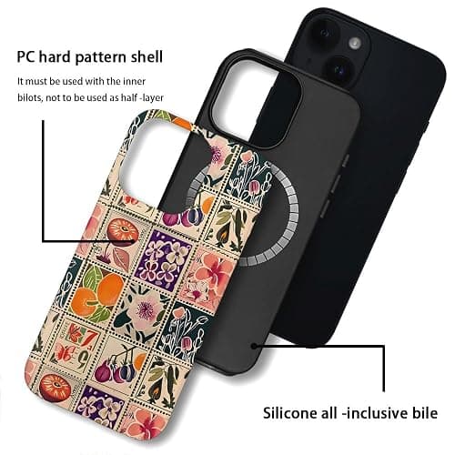 TnXee Case Compatible with iPhone 15,Compatible with MagSafe,Fall Prevention Hybrid 2-Layer Hard Shell Cases for Girls Boys,Vintage Flower Orange Stamp Collage thumbnail 2