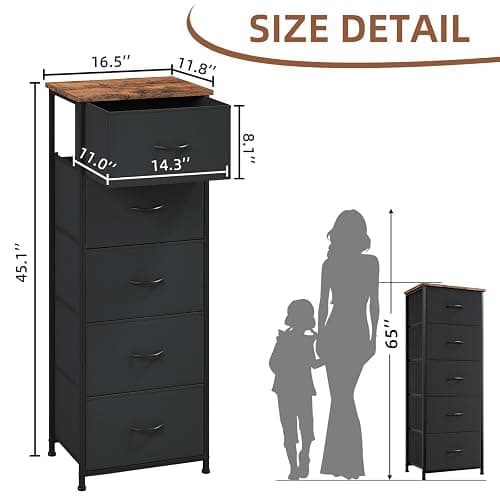 Somdot Tall Dresser for Bedroom with 5 Drawers, Storage Chest of Drawers with Removable Fabric Bins for Closet Bedside Nursery Laundry Living Room Entryway Hallway, Black thumbnail 3