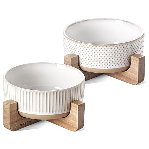 LE TAUCI PET Ceramic Dog Bowls for Medium Small Dogs - 4 Cup Medium Dog Food and Water Bowls with Wood Stand, Cute Pet Dishes Set of 2, Lines+Dot - Image 1