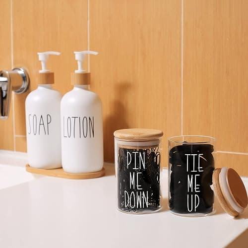 MOMEEMO Apothecary Jars with Lids for Bathroom Storage Organizer, Hair Tie Organizer & Bobby Pin Holder are Great for Bamboo Bathroom Accessories. (Hair Ties & Pins) thumbnail 4