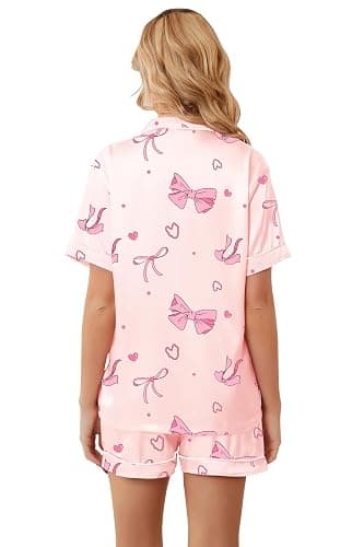 Umeyda Women & Girls Pajamas Set, Soft Satin Lightweight Silk Button-Down Top with Shorts 2 Piece PJS for Mom Boys Kids Gifts thumbnail 6
