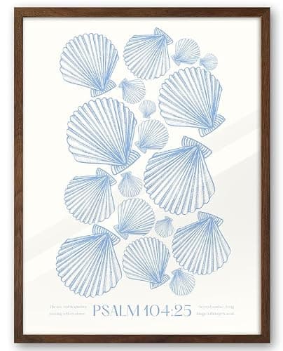 EcoHest Christian Bible Verse Framed Wall Art, 12x16 in Walnut Color OAK Wood Seashell Nautical Scripture Quote Canvas Wall Art, Psalm 104:25 Home Decor, Beige Logs 1Pack for Bedroom Living Room - Image 1