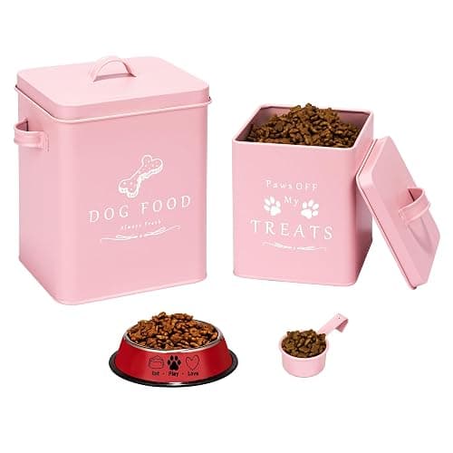 Meraki Home Small Dog Food Container and Dog Treats Container - Tight Lids - Feed Scoop and Pet Food Bowl - Farmhouse Metal Storage Bin - Matte Pink - Image 1
