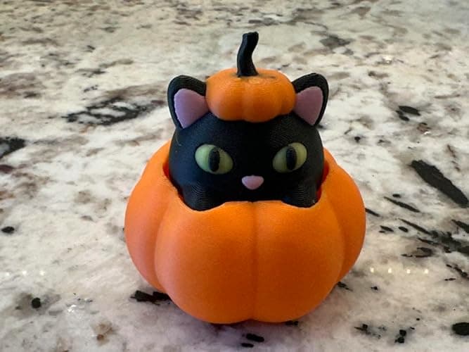 Black Cat in Pumpkin Fidget Toy – 3D Printed Clicker Toy with Glow-in-The-Dark Eyes – Halloween Cat Desk Toy thumbnail 2