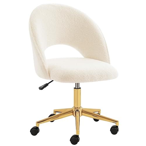 Furnimart Swivel Rolling Desk Chair, Adjustable Faux Fur Vanity Chair with Gold Legs, Cute Task Chair with Wheels for Living Room Bedroom Studying Small Places (Faux Fur White) - Image 1