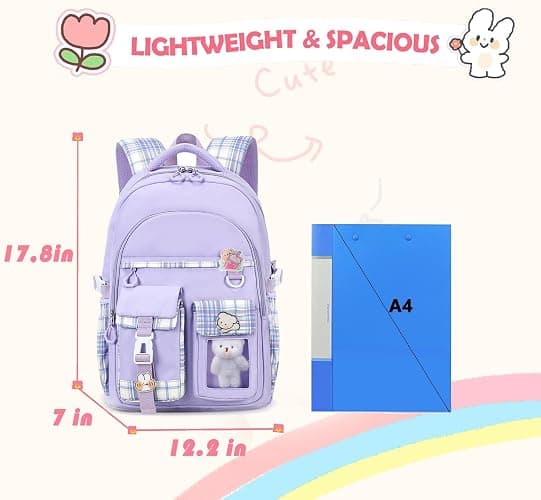 PRLINJSK Girls Backpack，Cute School Backpack for Girls Kids Teens，Kawaii Bookbag for Primary Elementary，Purple thumbnail 3